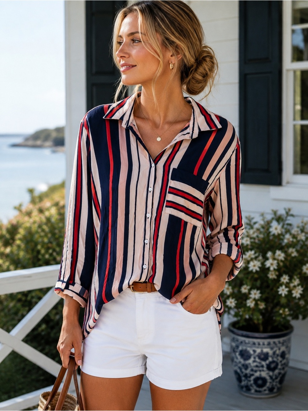 Zac & Rachel XL Pink Navy Red Striped Soft Lightweight Button Down Shirt